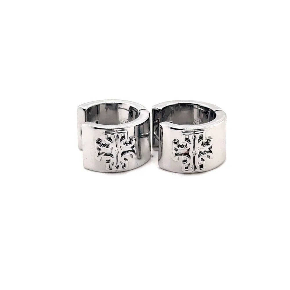Tory Burch Miller Silver Huggie Hoop Earrings Double T Logo Wide Band